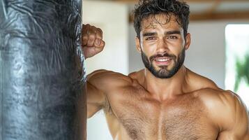 A shirtless man is leaning against a punching bag photo