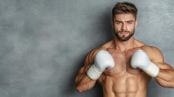 A man with no shirt on and boxing gloves photo