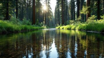 A stream runs through a forest with trees and grass photo