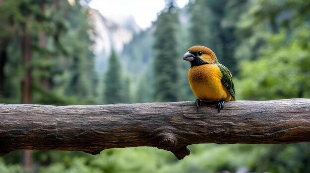 A small bird is perched on a branch in the woods photo