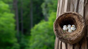 Three baby birds are sitting in a nest on a tree photo