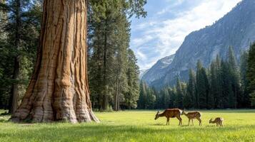 Two deer and a calf grazing in a grassy field photo