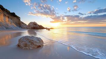 A beautiful beach scene with rocks and water photo
