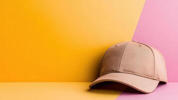 A baseball cap on a pink and yellow background photo