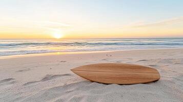 A wooden surfboard sits on the beach at sunset photo