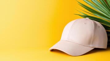 A baseball cap and palm leaves on a yellow background photo