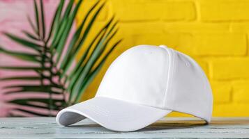 White baseball cap mockup on wooden table with palm tree photo