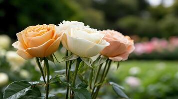 Three roses are in a garden with green and white flowers photo