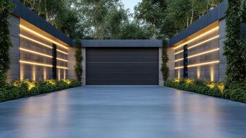 A modern garage with lights and trees photo