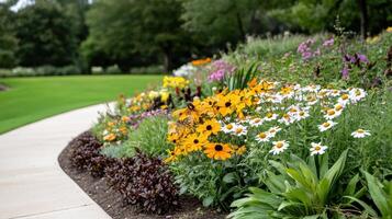 A flower bed with many different types of flowers photo