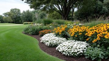 A flower garden with yellow and white flowers photo