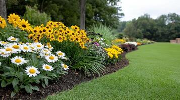 A flower bed with yellow and white flowers photo
