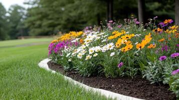 A flower bed with colorful flowers in the grass photo