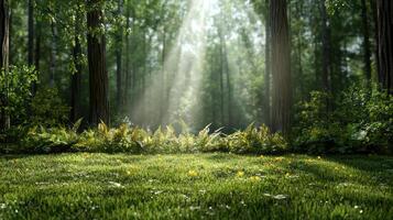 A green field with sunbeams shining through the trees photo