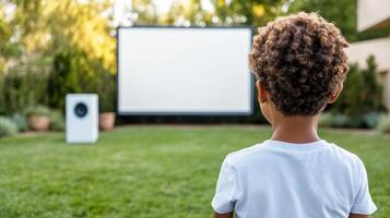 A young boy is looking at a projector screen photo