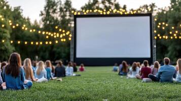 A group of people sitting on the grass watching a movie screen photo