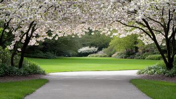 A pathway through a park with trees and flowers photo