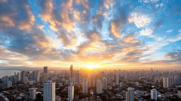 A city skyline with the sun setting behind it photo