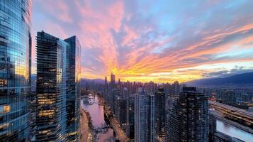 The sun sets over the city skyline in vancouver photo