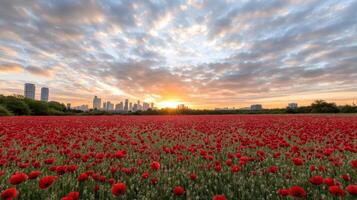 A field of red poppies at sunset with the city in the background photo