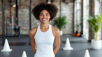 A woman with curly hair standing in front of cones photo