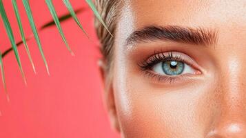 A woman with blue eyes and a green palm leaf photo