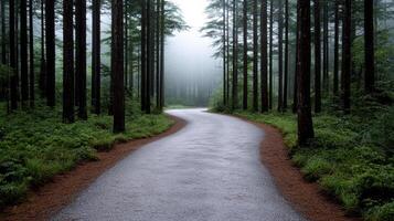 A road in the middle of a forest with trees photo