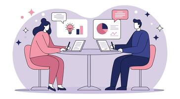 Creative professionals brainstorming business strategies. Woman and man analyzing performance data with digital notes. vector
