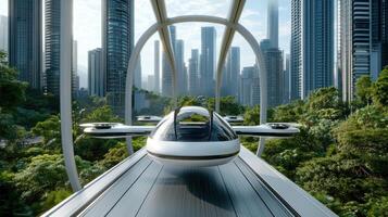 A futuristic flying car is on a bridge over a city photo
