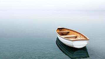 A rowboat floating in the water on a foggy day photo