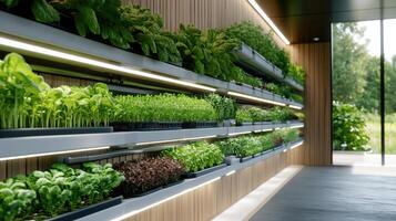 A long row of plants on a wall in a room photo