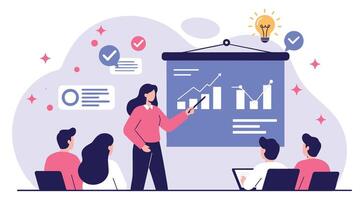 Female business trainer presenting financial growth charts to corporate audience. Professional explaining data analytics during company workshop. vector