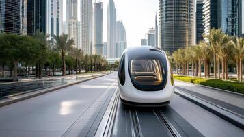 A futuristic train traveling down a track in front of tall buildings photo
