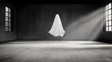 A ghostly white cloth floating in an empty room photo