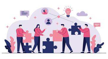 Team building puzzle solution concept. Coworkers connecting jigsaw pieces together. vector