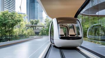 A futuristic train is on the tracks in front of a city photo