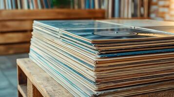 A stack of vinyl records on a wooden table photo