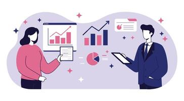 Business professionals analyzing financial performance data. Woman holding document discussing growth metrics with male colleague. vector