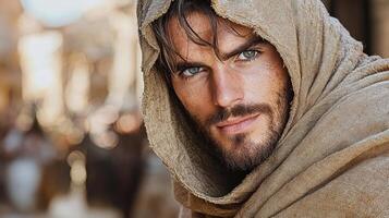 A man with a beard and a hooded robe photo