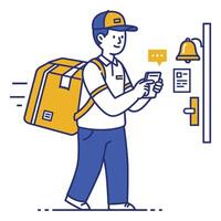 Delivery man with package at the door using a smartphone vector