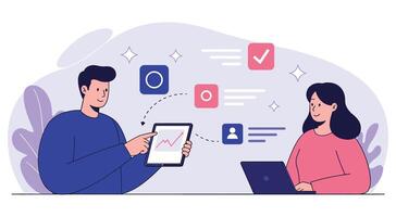 Business professionals analyzing data metrics on digital platforms. Colleagues discussing growth statistics and social media performance. vector