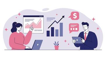 Financial advisor presenting growth chart to client. Woman pointing at market trends while businessman reviews tablet. vector