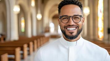 A smiling black man in a priest's uniform photo