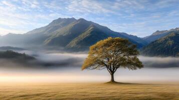 A lone tree stands in the middle of a foggy field photo