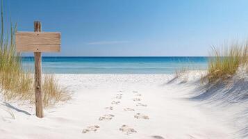 Beach with footprints and sign on sand dunes photo