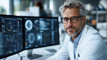 A man in a lab coat is looking at a computer screen photo