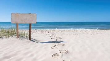 A wooden sign on the beach with footprints in the sand photo