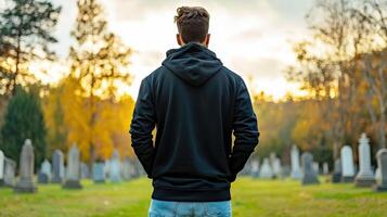 A man in a hoodie standing in a cemetery photo