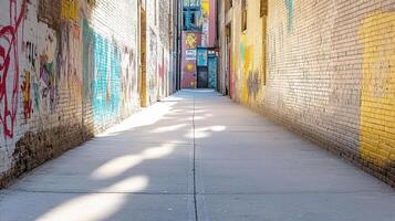 A narrow alley with graffiti on the walls photo