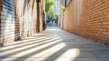 An alleyway with brick walls and a street light photo